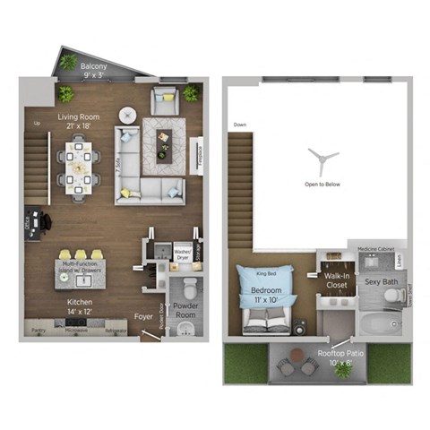 Floor plan for 1 bed, 1 bath, 870 sqft